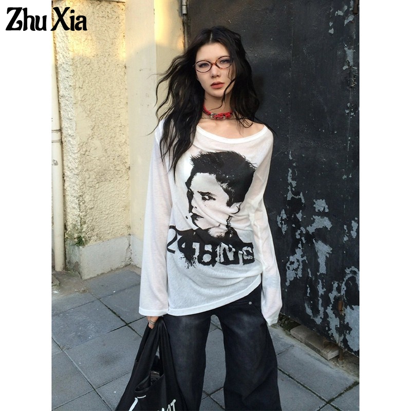 Zhu Xia เสื้อยืดแขนยาวผู้หญิงสไตล์อเมริกัน Idle สไตล์พิมพ์หลวมสาวร้อน Sun เสื้อป้องกัน