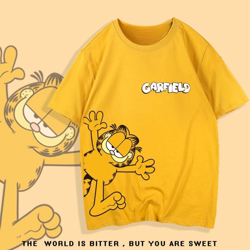 น่ารักการ์ตูนพิมพ์ด้านบนการ์ฟิลด์เสื้อยืดใหม่อินเทรนด์นักเรียนแฟนสไตล์ฮาราจูกุหลวมผ้าฝ้ายการ์ตูนคู่สวมแขนสั้นฤดูร้อน