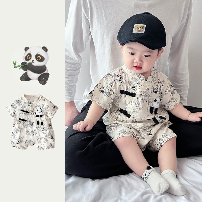 ทารกแรกเกิดเด็กทารก romper เด็กแขนสั้นจีนยักษ์ panda retro y-neck jumpsuit