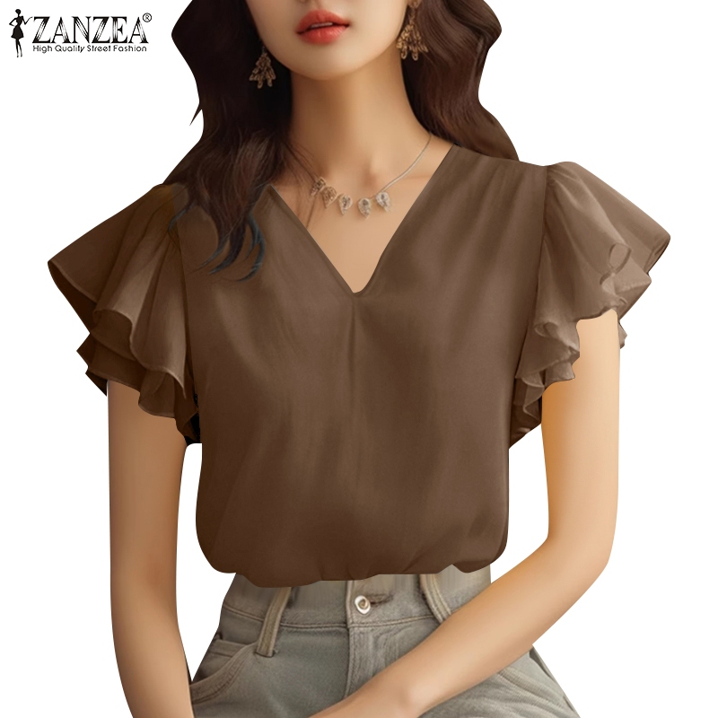 ZANZEA ใส่ ซานเซีย ผู้หญิงเกาหลีลําลองคอวีใบบัวแขนสั้นเสื้อหลวม