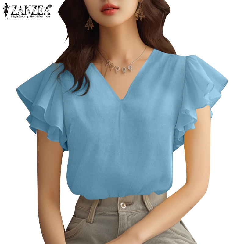 Zanzea เสื้อเบลาส์หรูหราคอวีใบบัวผู้หญิงเกาหลี