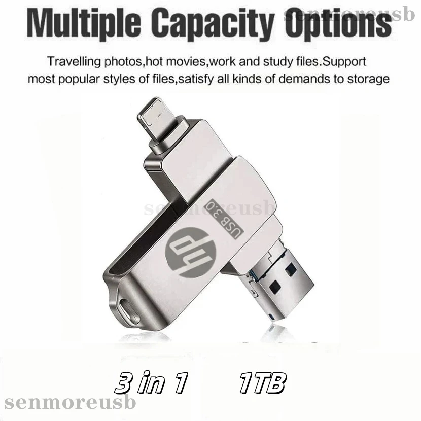 หมุน HP USB แฟลชไดรฟ์ 1TB 3 in 1 Otg Pendrive สําหรับจัดเก็บข้อมูลภายนอกบน iPhone Android และ PC แบบพกพา Memory Stick