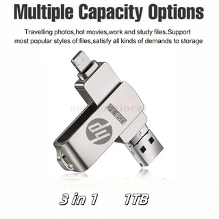 หมุน HP USB แฟลชไดรฟ์ 1TB 3 in 1 Otg Pendrive สําหรับจัดเก็บข้อมูลภายนอกบน iPhone Android และ PC แบบพกพา Memory Stick