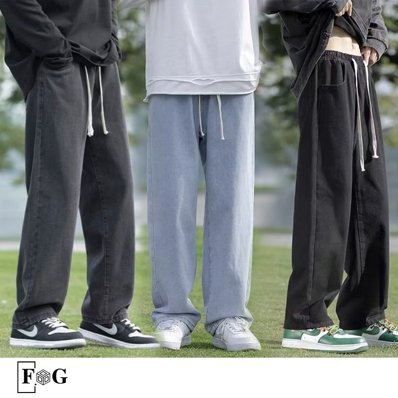 กางเกงยีนส์ขายาวผู้ชาย ทรงเอวสูงใส่สบาย เอวยางยืด เอวปรับได้มีเชือกผูก เท่ เข้าได้ทุกสไตล์ 4 สี ฟ้าอ่อน ดํา ยีนส์ เทา