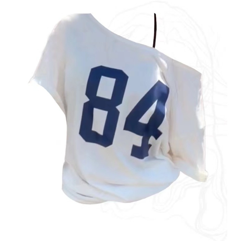 เสื้อแขนสั้นเปิดไหล่พิมพ์ลายตัวอักษรสไตล์อเมริกันแบบใหม่2024