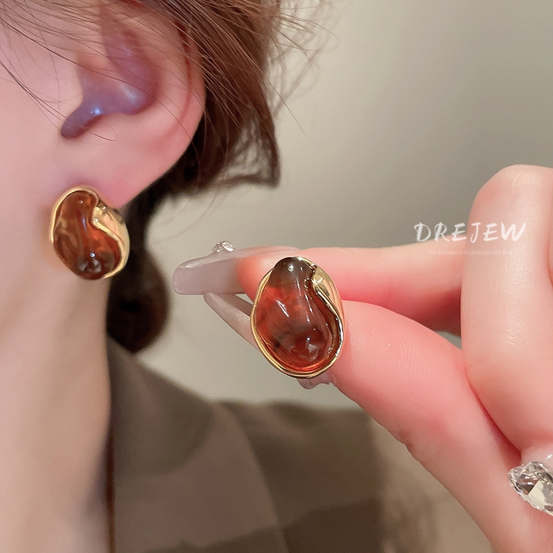 DREJEW ทองแท้เคลือบด้วยไฟฟ้าเข็มเงินผิดปกติต่างหูเรซินรูปไข่เฉพาะต่างหูระดับไฮเอนด์