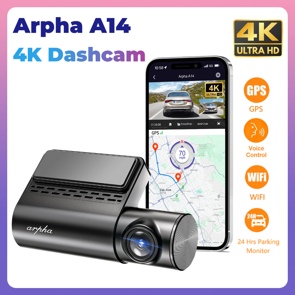 กล้องบันทึกวิดีโอ Arpha A14 4K Dashcam 2160P พร้อม GPS ควบคุมด้วยเสียง สําหรับรถยนต์