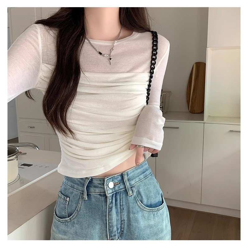 เสื้อยืดแขนยาวตาข่ายแฟชั่นสตรีเจ้าหญิงหวานและบางเสื้อยืด