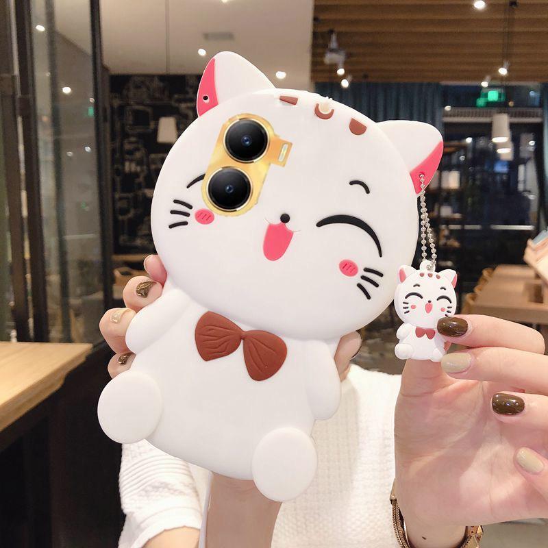 เคสสําหรับ vivo Y16 Y02s, Lucky Cat Fortune Cat การ์ตูนน่ารัก Cat Kitty พร้อมโบว์ดีไซน์ซิลิโคนอ่อนนุ่ม