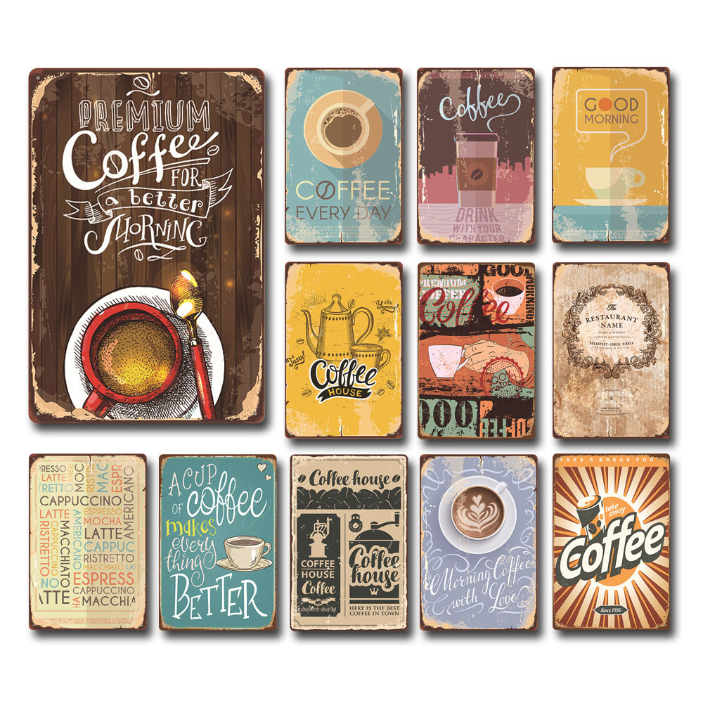 ภาพวาดตกแต่งกาแฟย้อนยุค ภาพวาดเหล็ก โปสเตอร์เครื่องดื่ม ภาพจิตรกรรมฝาผนังพื้นหลังร้านอาหาร บาร์บ้าน ภาพวาดแขวนไร้กรอบ