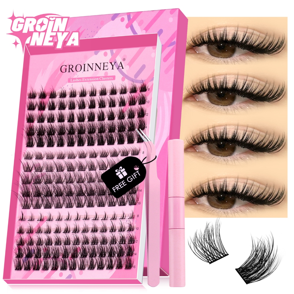Groinneya ขนตาปลอมชุด Fluffy หนา Lashes Clusters C Curl ขนตาส่วนบุคคล DIY ผสมขนตากาวชุด Extensions Lash แต่งหน้า