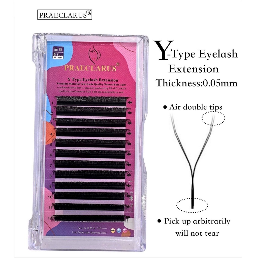 Praeclarus Y ประเภท Eyelash Extension ความหนา 0.05 มม.วัสดุพรีเมี่ยม Handmade เคล็ดลับคู่ Mink Fur YY Shape Eyelash Extension ธรรมชาติ Soft Make Up เครื่องมือ