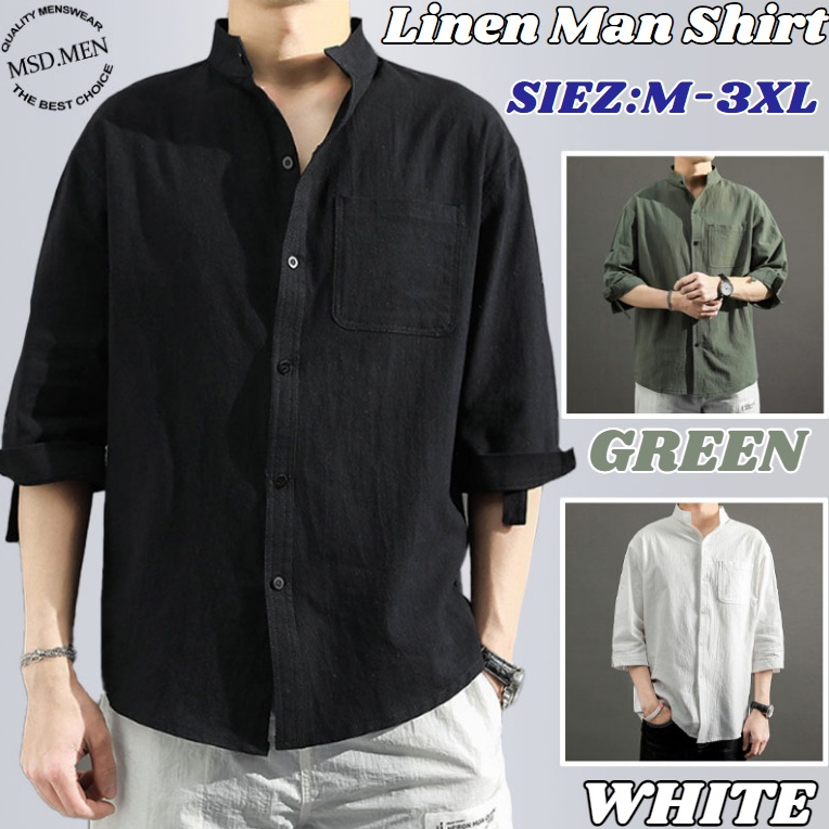 [จัดส่งจากประเทศไทย] เสื้อเชิ้ตแขนสั้นลำลอง ผ้าฝ้ายและผ้าลินิน แขนสามในสี่ สีทึบ หลวม ผู้ชาย ขนาดบวก