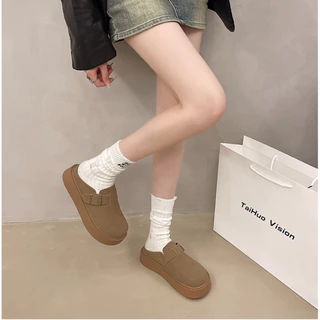 JINxCHOY แฟชั่นย้อนยุคหนาsoled Slip-Onขี้เกียจครึ่งรองเท้าแตะฤดูใบไม้ร่วงสไตล์ใหม่เพิ่มสวมใส่ด้านนอกสบายกันลื่นสบายๆ