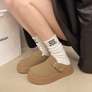 JINxCHOY แฟชั่นย้อนยุคหนาsoled Slip-Onขี้เกียจครึ่งรองเท้าแตะฤดูใบไม้ร่วงสไตล์ใหม่เพิ่มสวมใส่ด้านนอกสบายกันลื่นสบายๆ