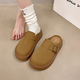 JINxCHOY แฟชั่นย้อนยุคหนาsoled Slip-Onขี้เกียจครึ่งรองเท้าแตะฤดูใบไม้ร่วงสไตล์ใหม่เพิ่มสวมใส่ด้านนอกสบายกันลื่นสบายๆ