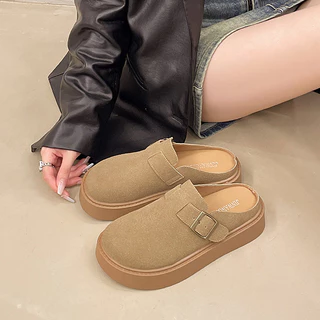 JINxCHOY แฟชั่นย้อนยุคหนาsoled Slip-Onขี้เกียจครึ่งรองเท้าแตะฤดูใบไม้ร่วงสไตล์ใหม่เพิ่มสวมใส่ด้านนอกสบายกันลื่นสบายๆ