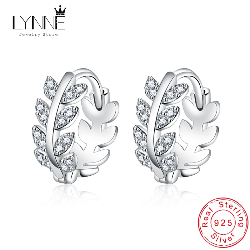 Lynne เครื่องประดับแนวโน้ม Punk Rock เงาZircon Leaf Hoopต่างหูผู้หญิงและสาวของขวัญ 925 เงินสเตอร์ลิงRose Gold Feather Rhinestoneหูวงกลม