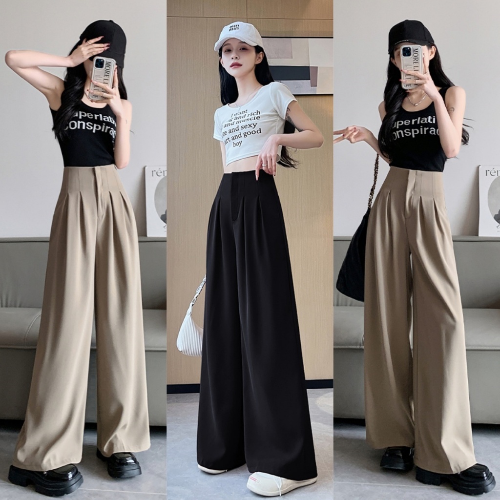 Bella Shop กางเกงสูทขากว้างแฟชั่นสำหรับผู้หญิงกางเกงขายาวเอวสูงทรงเดรปทรงหลวม