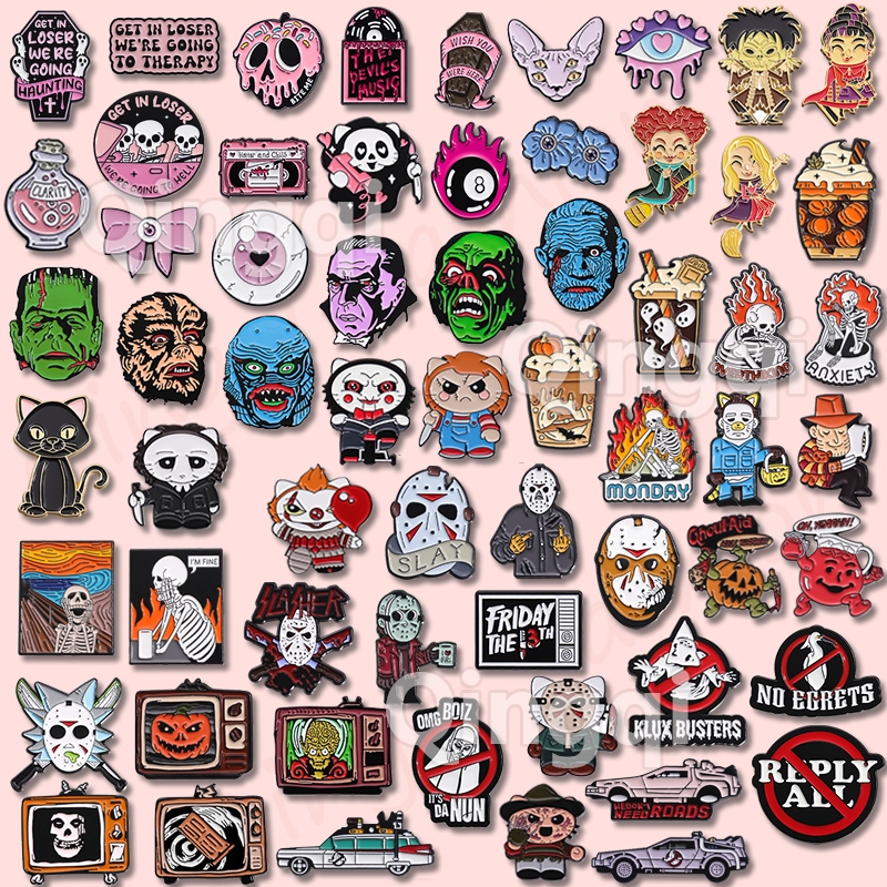 ฮาโลวีนสยองขวัญภาพยนตร์เข็มกลัด Pins สีชมพู Skull Ghostbusters เข็มกลัดป้ายโลหะกระเป๋าเป้สะพายหลังอุปกรณ์เสริมของขวัญสําหรับเพื่อน