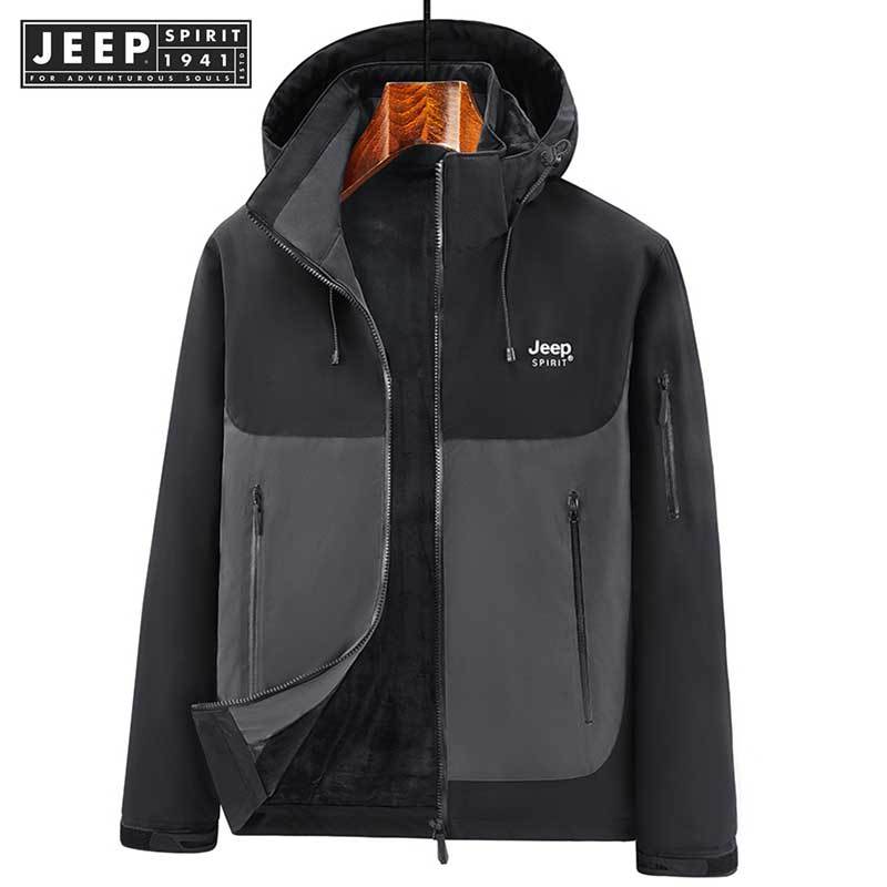 Jeep SPIRIT 1941 ESTD 2024 เสื้อแจ็คเก็ตโจมตีแบบนิ่มพร้อมตุ๊กตาและฉนวนกันความร้อนหนาสําหรับฤดูใบไม้ร่วงและฤดูหนาว