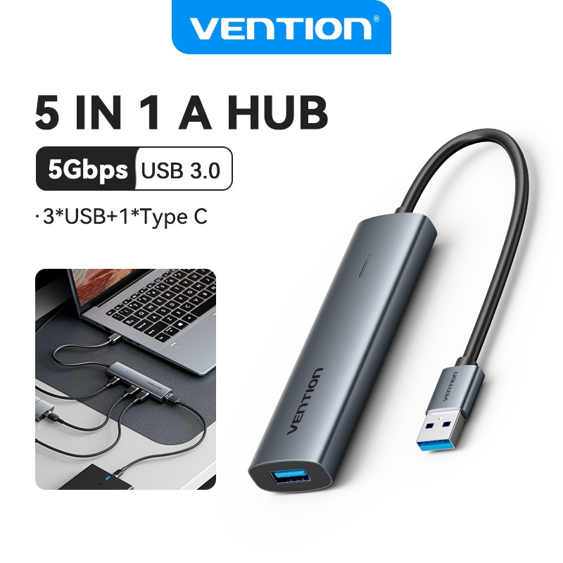 Vention 5 in 1 USB 3.2 Gen 1 Hub 4 Port Splitter Ultra Slim Data 5Gbps Super Speed Adapter เข้ากันได