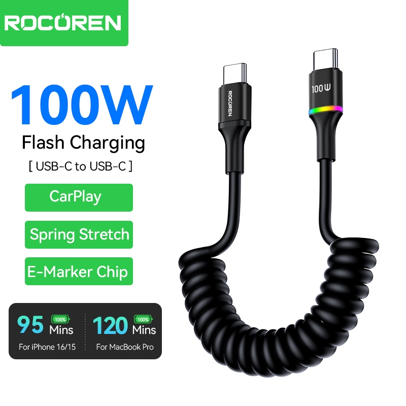 Rocoren 100W 7A ฤดูใบไม้ผลิ USB Type C สําหรับจัดแต่งทรงผมรถยืดหยุ่น Rainbow Breathing Light Data Cable