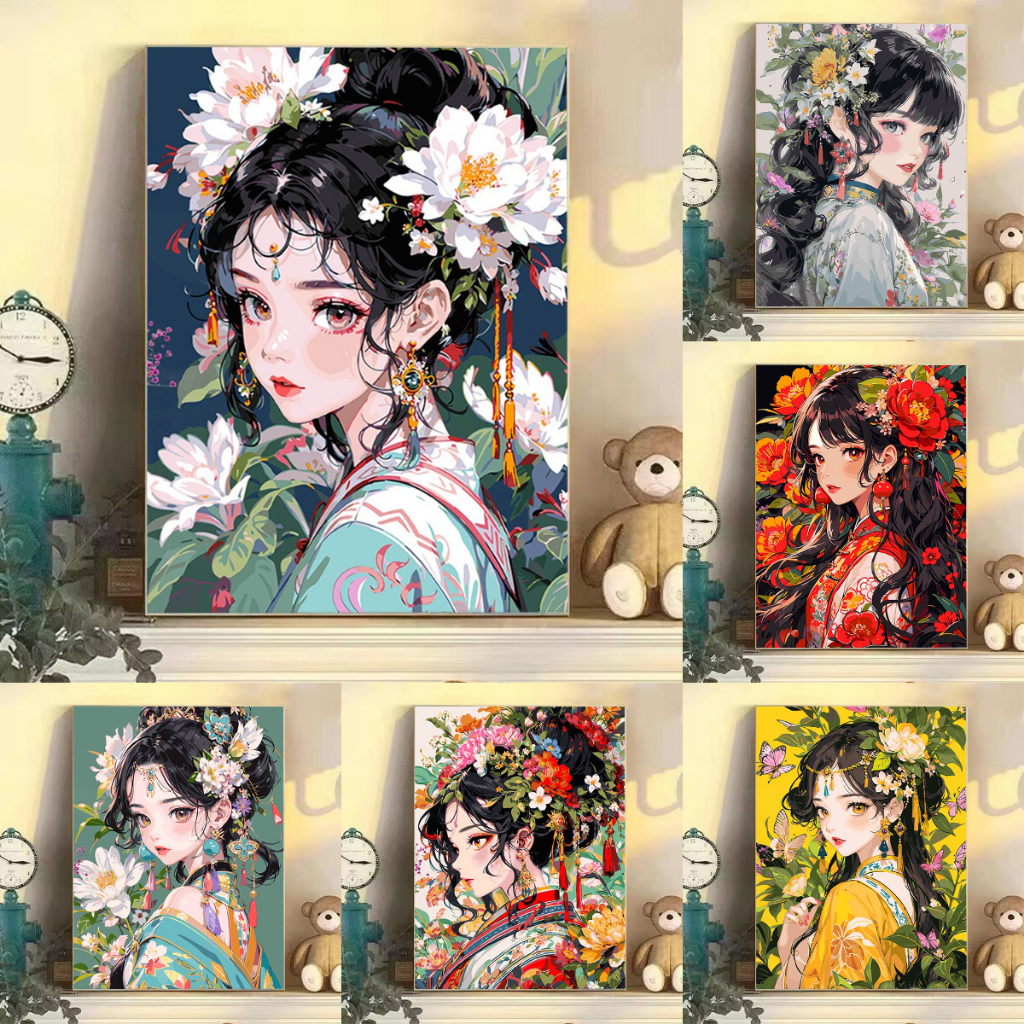 【ORFON】 30×40cm/40×50cm ระบายสีตามตัวเลข/สาวกับดอกไม้/ภาพระบายสี/ระบายสีตามตัวเลข Diy / ของขวัญ / ศิลปะตกแต่งห้องนั่งเล่น