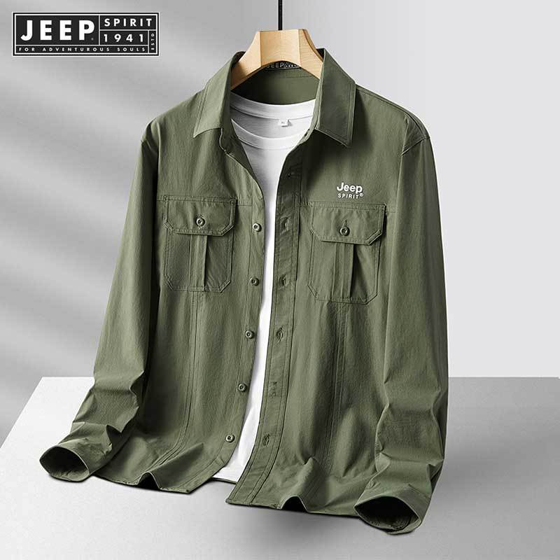 Jeep SPIRIT 1941 ESTD 2024 เสื้อเชิ้ตแขนยาวใหม่ผู้ชายฤดูใบไม้ผลิและฤดูใบไม้ร่วงลําลองสีทึบชุดทํางาน