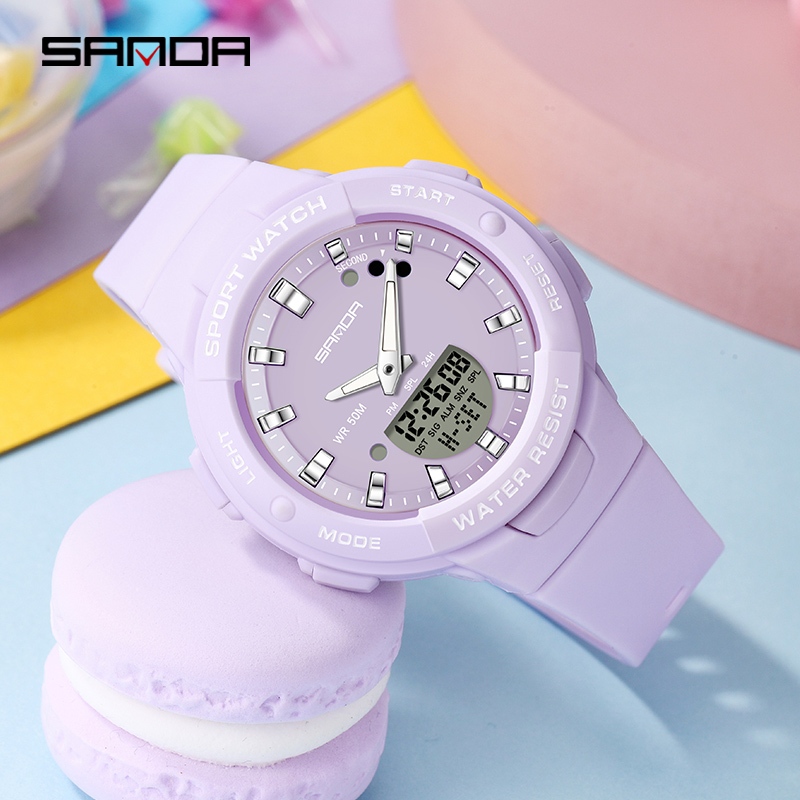 Sanda 6005-3/in สต็อกนาฬิกาผู้หญิงหรูหราแฟชั่นมัลติฟังก์ชั่นส่องสว่างนาฬิกาผู้หญิงจอแสดงผลคู่กีฬานาฬิกา unisex