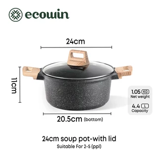 Ecowin หม้อซุปเคลือบหินทางการแพทย์ 20/24/28 ซม. ไม่ติดด้านล่าง สีดำ เครื่องครัวเพื่อสุขภาพ ใช้ได้กับเตาทุกประเภท