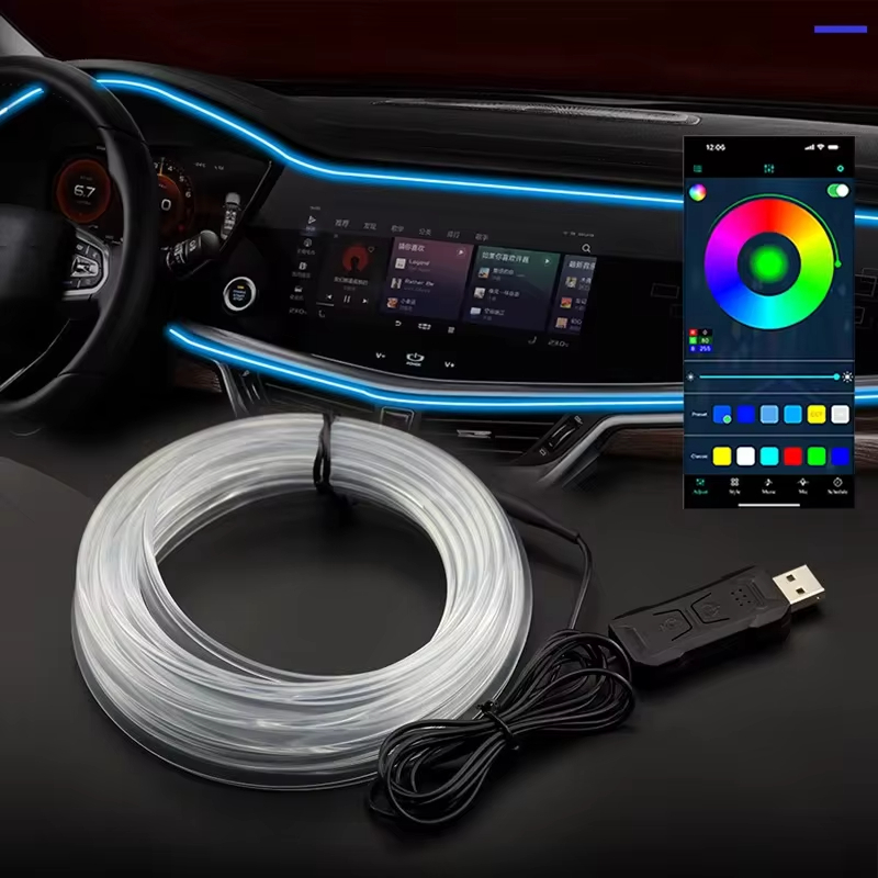 1/2/3/4/5m ภายในรถ RGB LED Light Strip Ambient Neon ที่มองไม่เห็น USB ไฟเบอร์ออปติกบรรยากาศโคมไฟสนับสนุน APP ควบคุม