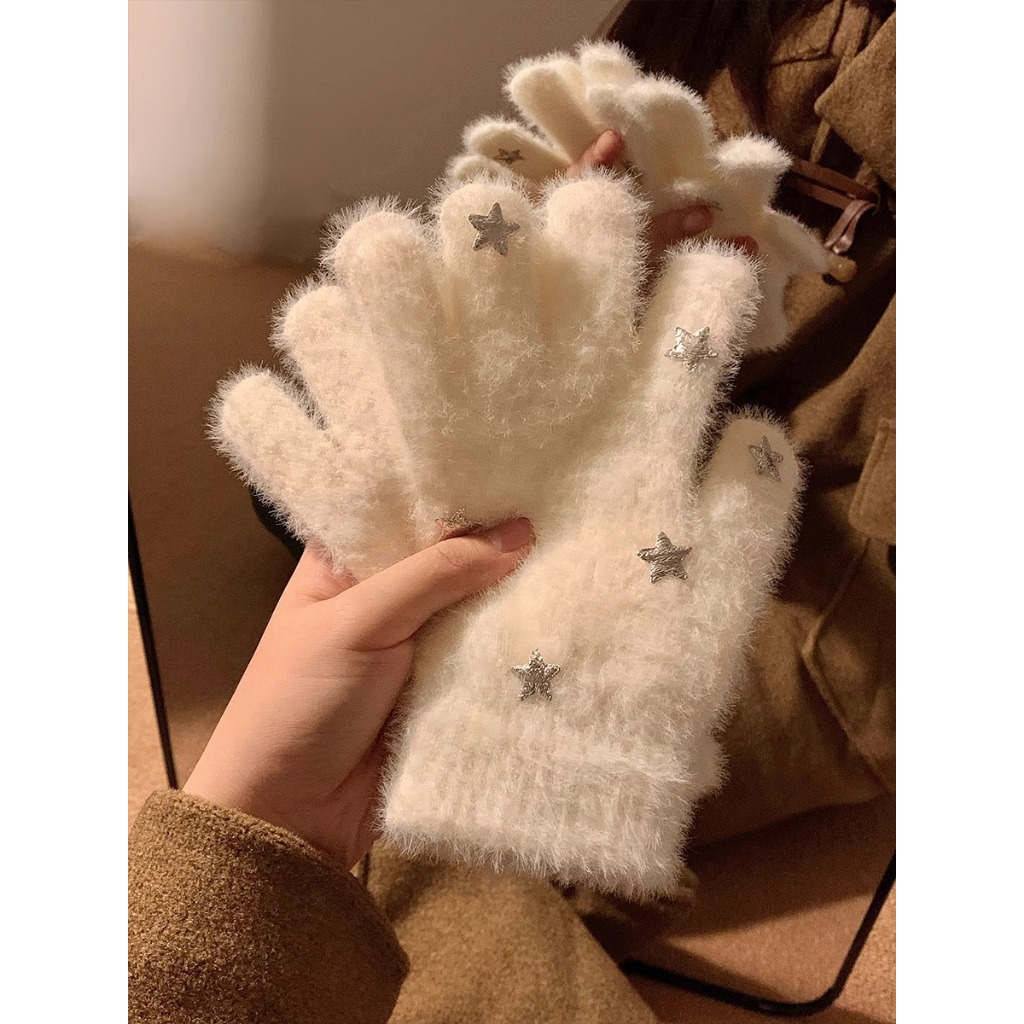 ถุงมือห้านิ้วตุ๊กตาดาวน่ารักหญิงฤดูหนาวนักเรียนแช่แข็งอบอุ่นขี่จักรยานหน้าจอสัมผัสขนสัตว์ถัก