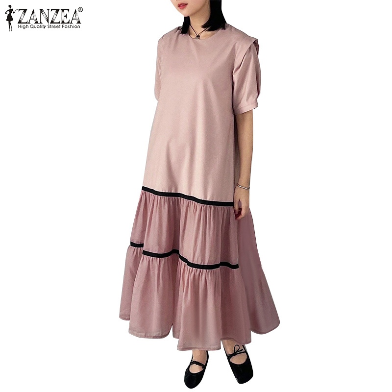 ZANZEA ซานเซีย ผู้หญิงเกาหลีลําลองคอกลมแขนสั้นเย็บปะติดปะต่อกันชุดยาว