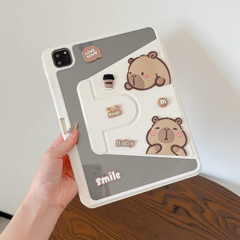 360° หมุนอะคริลิคใส Hard แท็บเล็ต Capybara สําหรับ iPad Mini 6 9.7 5th 6th Air 3 4 5 iPad 10.2 7 8 9 10th Gen iPad Pro 11 นิ้ว iPad ปลอกพร้อมดินสอสล็อต