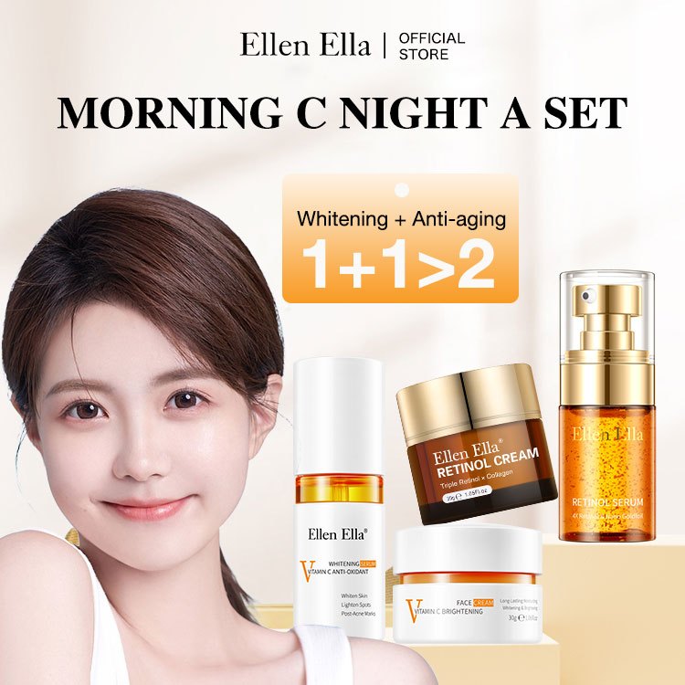 Ellen Ella Day and Night skincare set วิตามินซี & เช่าและครีม ไบรท์เทนนิ่ง ต่อต้านริ้วรอย ลดเลือนริ้