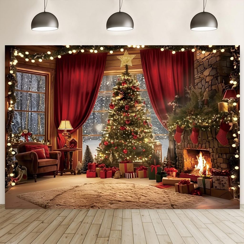 7x5ft คริสต์มาสฉากหลังการถ่ายภาพในร่ม Warm Christmas Tree ของขวัญตกแต่งฉากหลังครอบครัวภาพพื้นหลัง Ba
