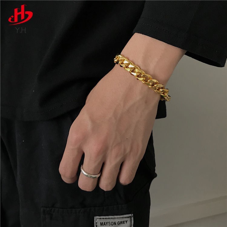 Y.H hiphop สร้อยข้อมือหยาบ ผู้ชาย สีทอง 18 K กำไลข้อมือสแตนเลส