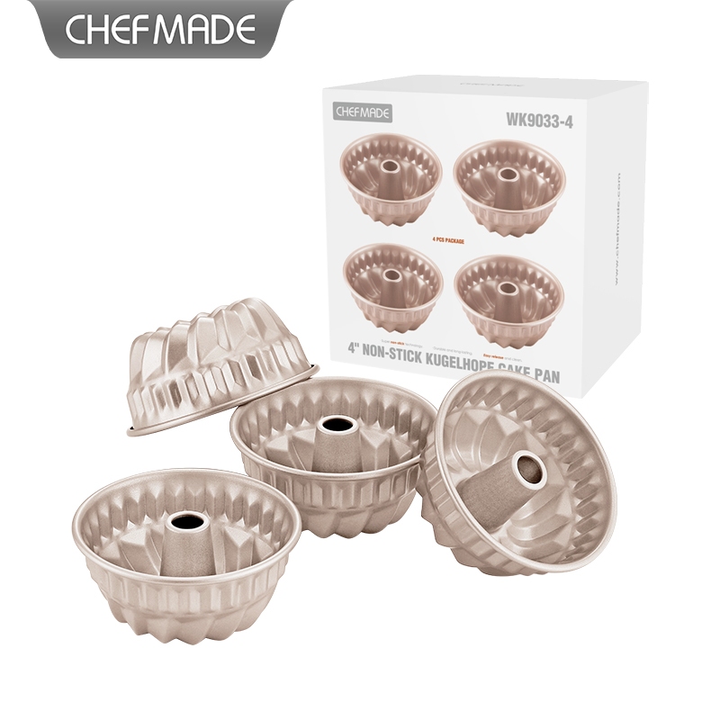 ชุดแม่พิมพ์เค้กขนาดเล็ก 4 ชิ้นจาก CHEFMADE แม่พิมพ์เค้กขนมปังเหล็กกล้าคาร์บอนไม่ติดกระทะขนาด 4 นิ้ว สำหรับอบในเตาอบ ชุดแม่พิมพ์ WK9033-4