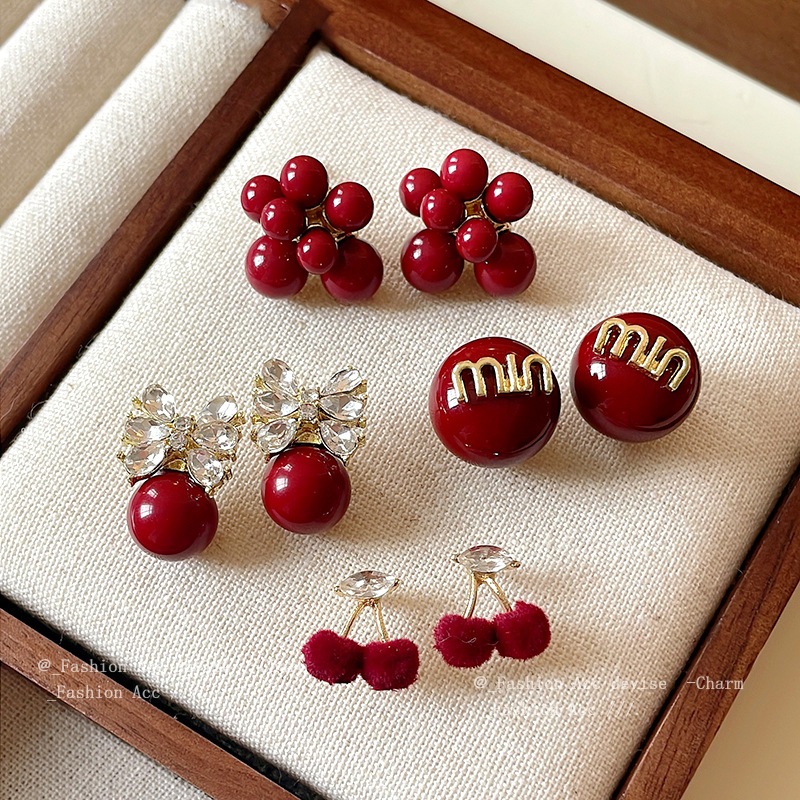 Silver pin flocking inset cherry letter stud ต่างหู niche คุณภาพสูงออกแบบต่างหูงานรื่นเริงต่างหูประณีตทั้งหมดหญิง