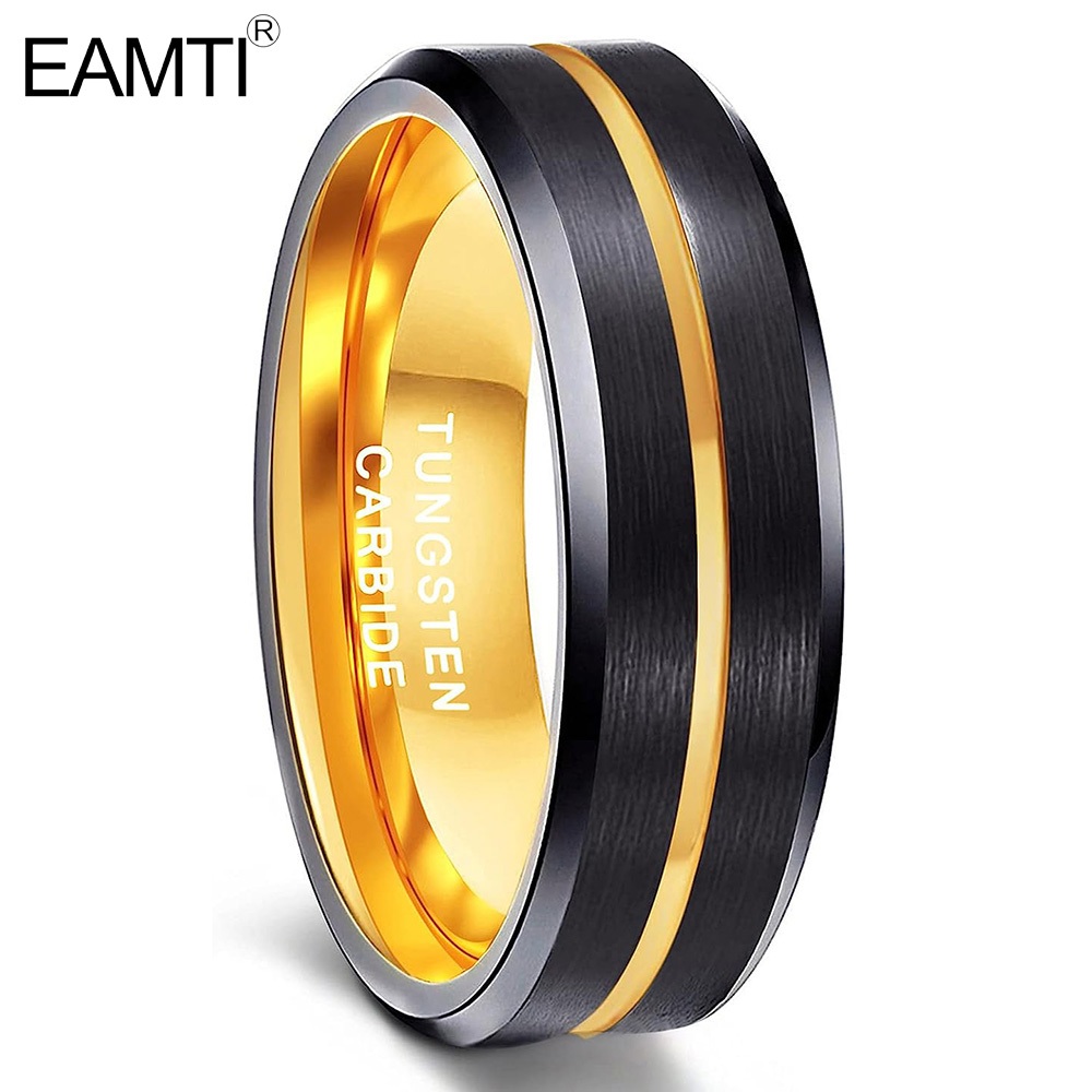 EAMTI แหวนทังสเตน ขนาด 6 มม. สีทองและดำ Centre Groove Comfort Fit ไซซ์ 5.5-14