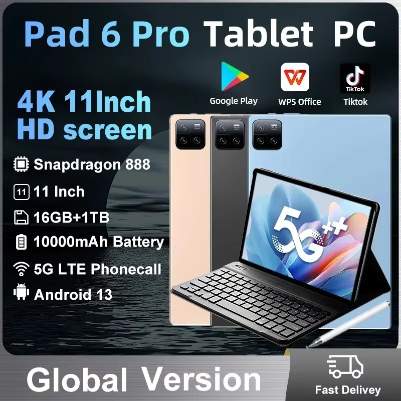 Global Version Android 13 แท็บเล็ต Snapdragon 888 10000mAh 16GB + 1TB Pad 6 Pro GPS 5G WiFi บลูทูธ D