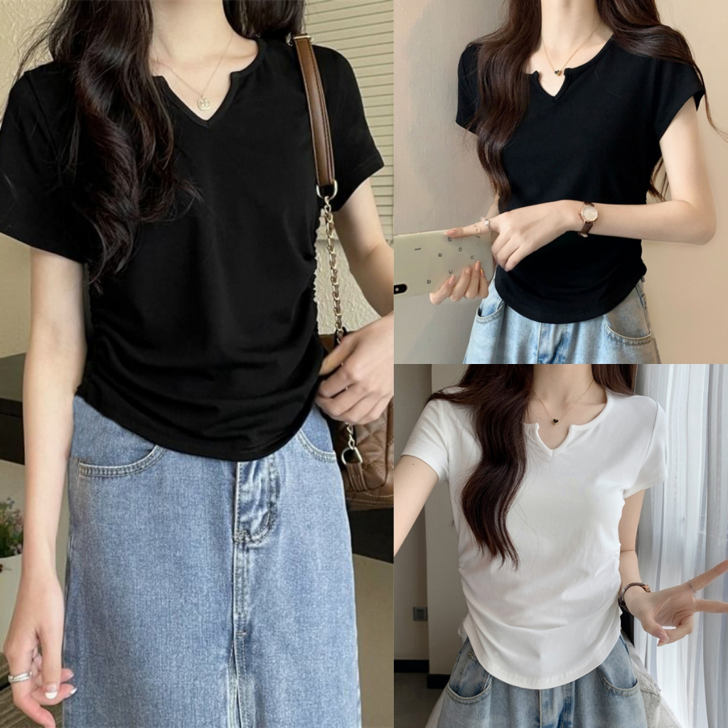 Luna Shop เสื้อยืดคอวีแขนสั้นเอวแคบสไตล์ใหม่ฤดูร้อนแขนสั้นเข้ารูปพอดีตัว