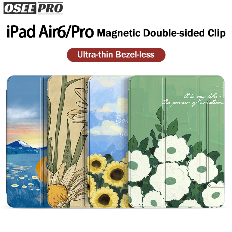 Osee Pro เคส iPad สไตล์ภาพวาดสีน้ํามัน เคสป้องกันแม่เหล็กไร้ขอบพร้อมหัวเข็มขัดแม่เหล็กเพื่อห่อดินสอสําหรับ iPad M2/M3 Air 11''（2024/2025）iPad pro 2 3 4 11 นิ้ว pro 4 5 6 12.9 นิ้ว ipad air 4 case ไอแพด air 5 ไอเเพด gen10 gen11 mini 6 7 เคสป้องกันแม่เหล็ก