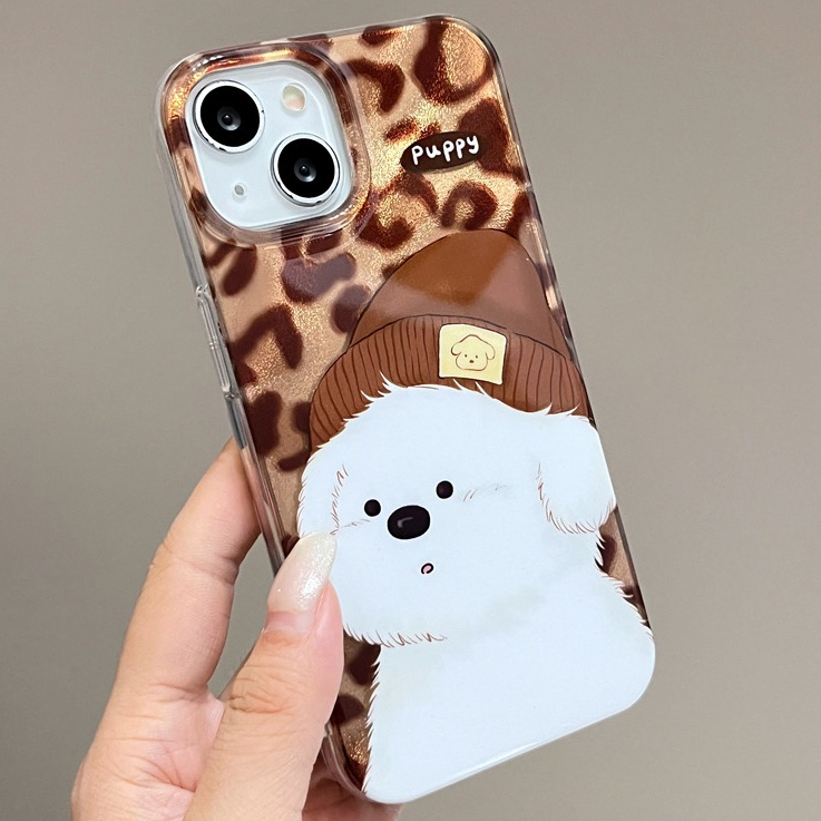 เสือดาวพิมพ์ลูกสุนัขน่ารักสวมหมวกรูปแบบผู้ถือบัตรป้องกันกรณีสําหรับiphone 15pro 15promax 14 14promax 14pro 16 pro max 16 PLUSสีน้ําตาลTinfoilรูปแบบกรณี