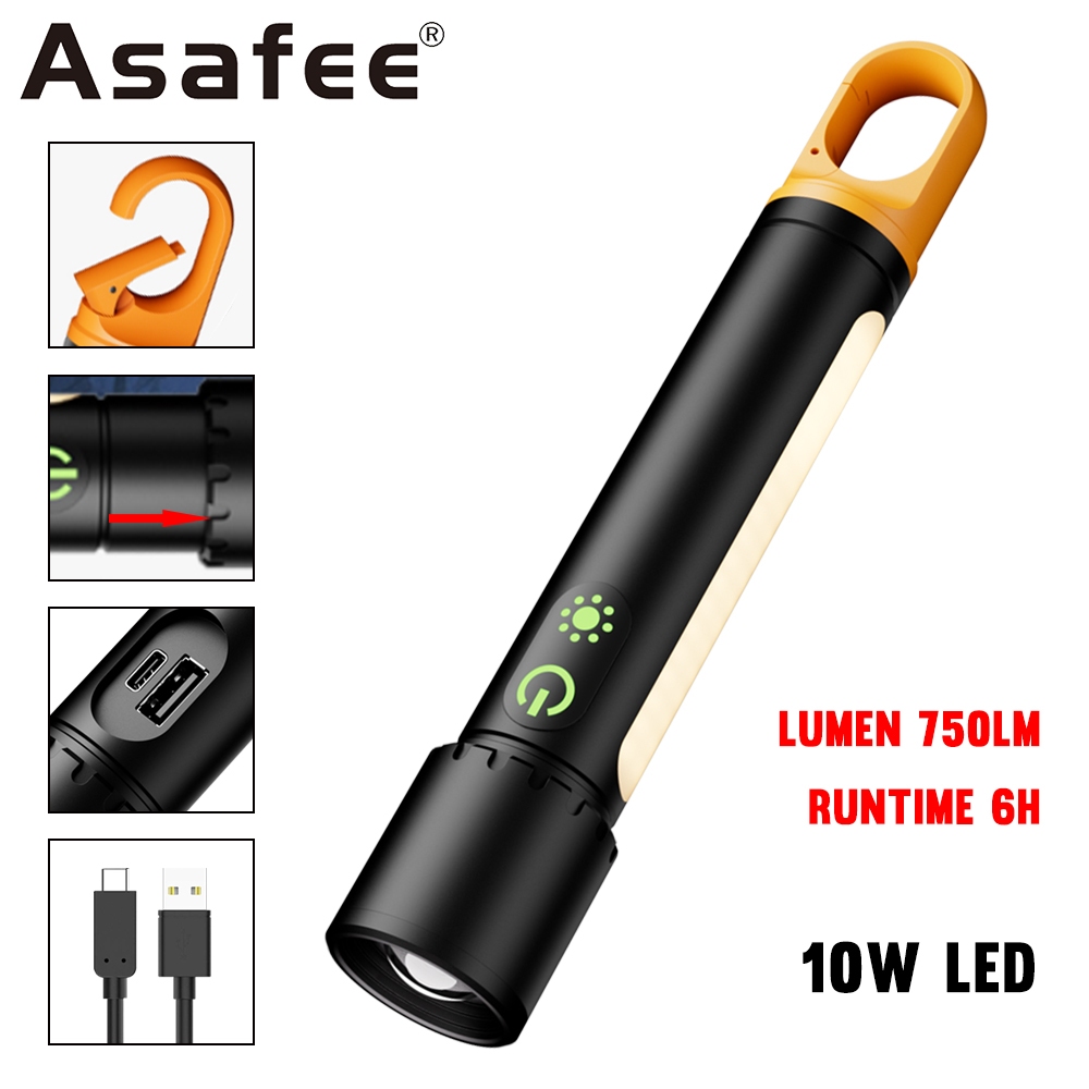 Asafee X725 edc ไฟฉาย 10W LED Light Range 800M Telescopic ซูม 1000LM 21700 แบตเตอรี่พร้อมตะขอ