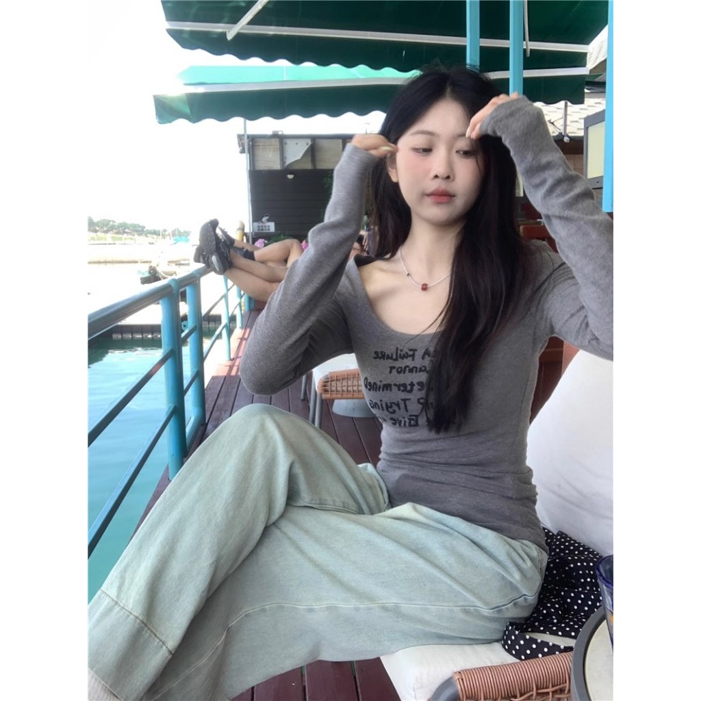 NZN American Hot Girl Round Neck Long Sleeve T-Shirt Women Autumn Grey Slim-fit Top