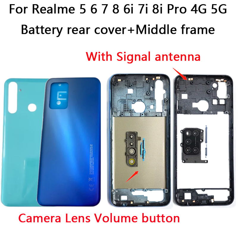 ใหม่แบตเตอรี่ฝาหลัง + กรอบกลางสําหรับ Realme 5 6 7 8 6i 7i 8i Pro 4G 5G ประตูกรณีพร้อมเลนส์กล้อง