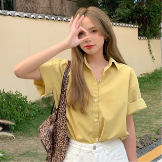 Rommers เสื้อเชิ๊ตแขนสั้นปกฮาวายทรงเบสิคสไตล์มินิมอลสำหรับผู้หญิง