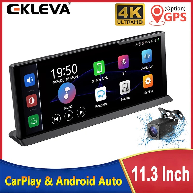 Ekleva 11.3 "รถ DVR Carplay Android Auto Dashcam 4K 3840*2160 ด้านหน้าและด้าน 1080P กล้องด้านหลังควบ